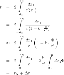         a∫R  dx1

t =   2    c′(x-)

       -aT    1

        a∫R

  =   2    -(--dx1-Φ)-

       -aT c 1+ k ⋅c2-

        a∫R    (        )

           dx1        Φ-

  ≈   2     c   1- k⋅ c2

       -aT

        a∫R dx1    k ∫aR

  =   2    -c-- 2c3    dx1Φ

       -aT         -aT

  =   tN + Δt